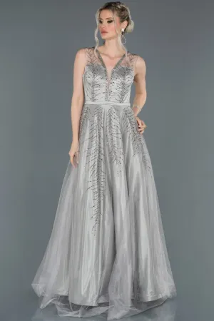 16698 Grey Stone Embroidered Tulle Dress