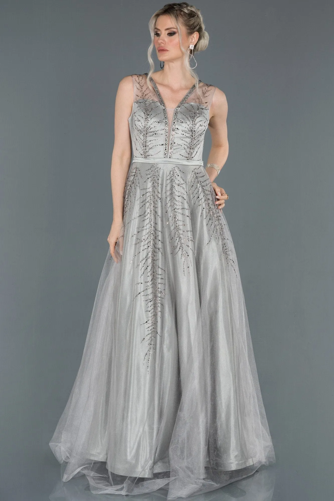 16698 Grey Stone Embroidered Tulle Dress