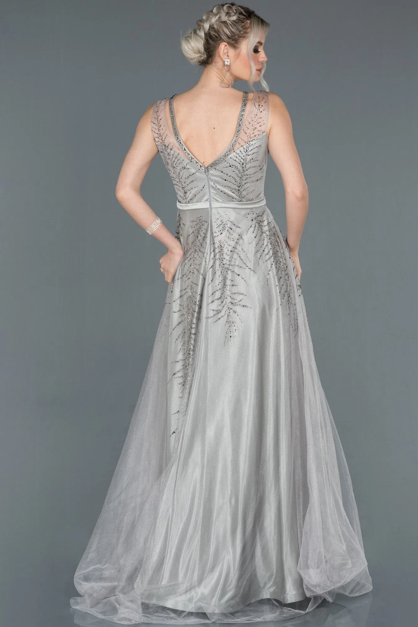 16698 Grey Stone Embroidered Tulle Dress