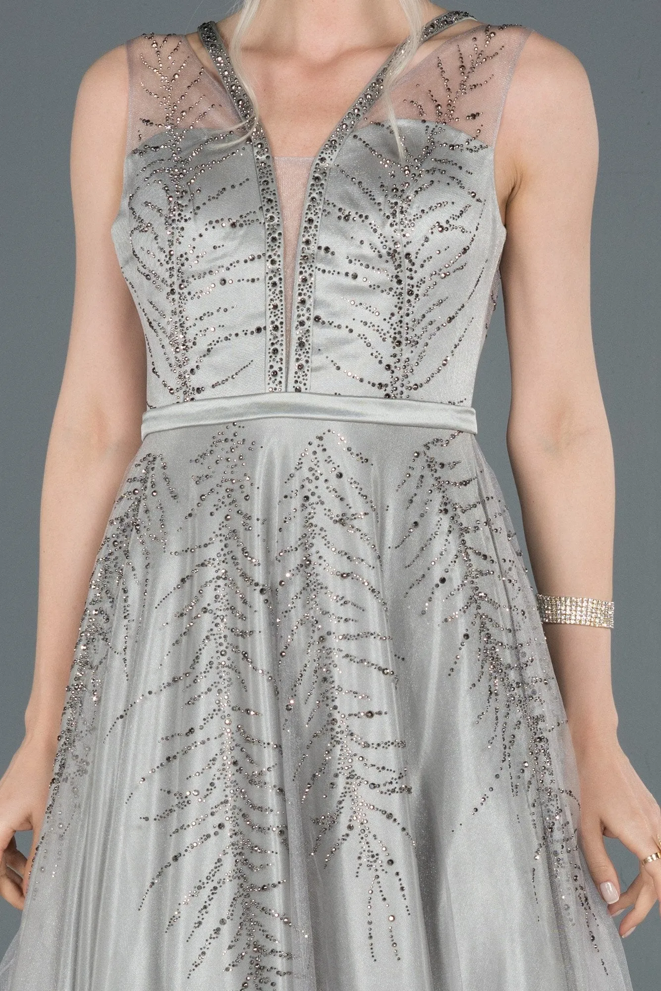 16698 Grey Stone Embroidered Tulle Dress