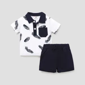 2pcs Baby Boy 100% Cotton Solid Shorts and Allover Feather Print Contrast Collar Short-sleeve Polo Shirt Set