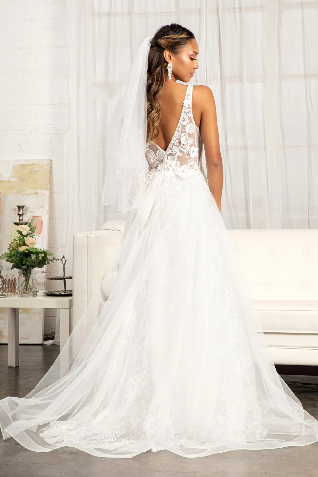 3-D Flower Embroidered Mesh A-line Dress Rhinestone and Jewel Embellished GLGL3012