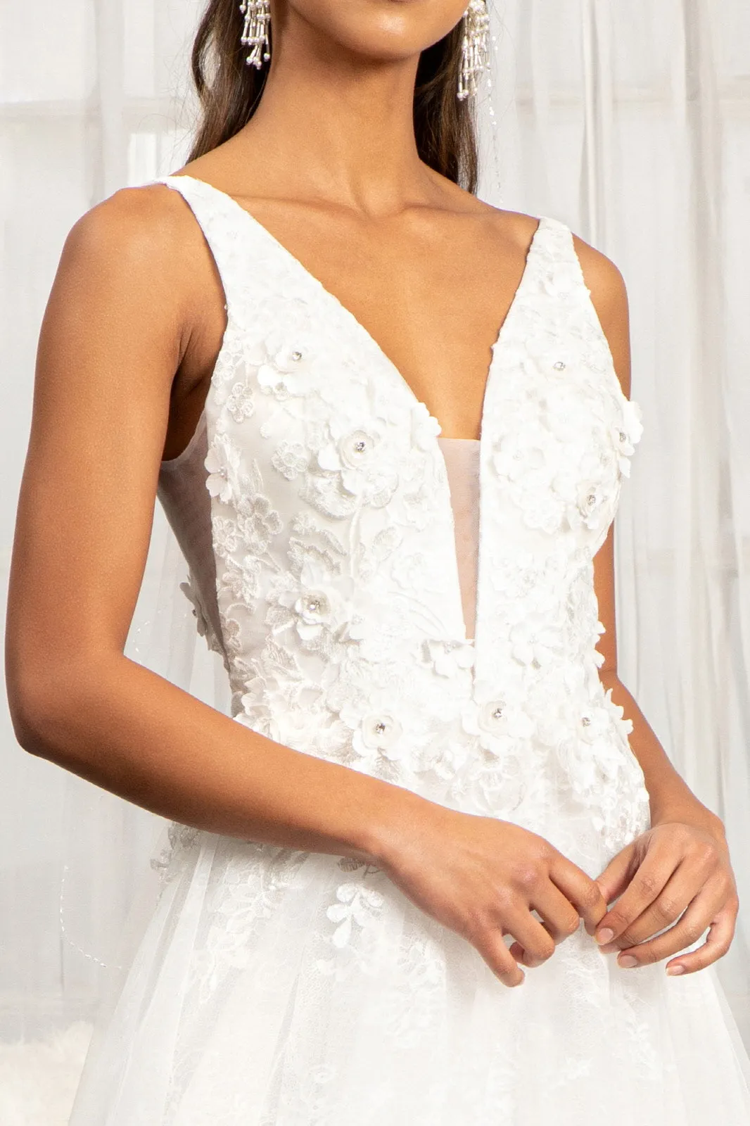 3-D Flower Embroidered Mesh A-line Dress Rhinestone and Jewel Embellished GLGL3012
