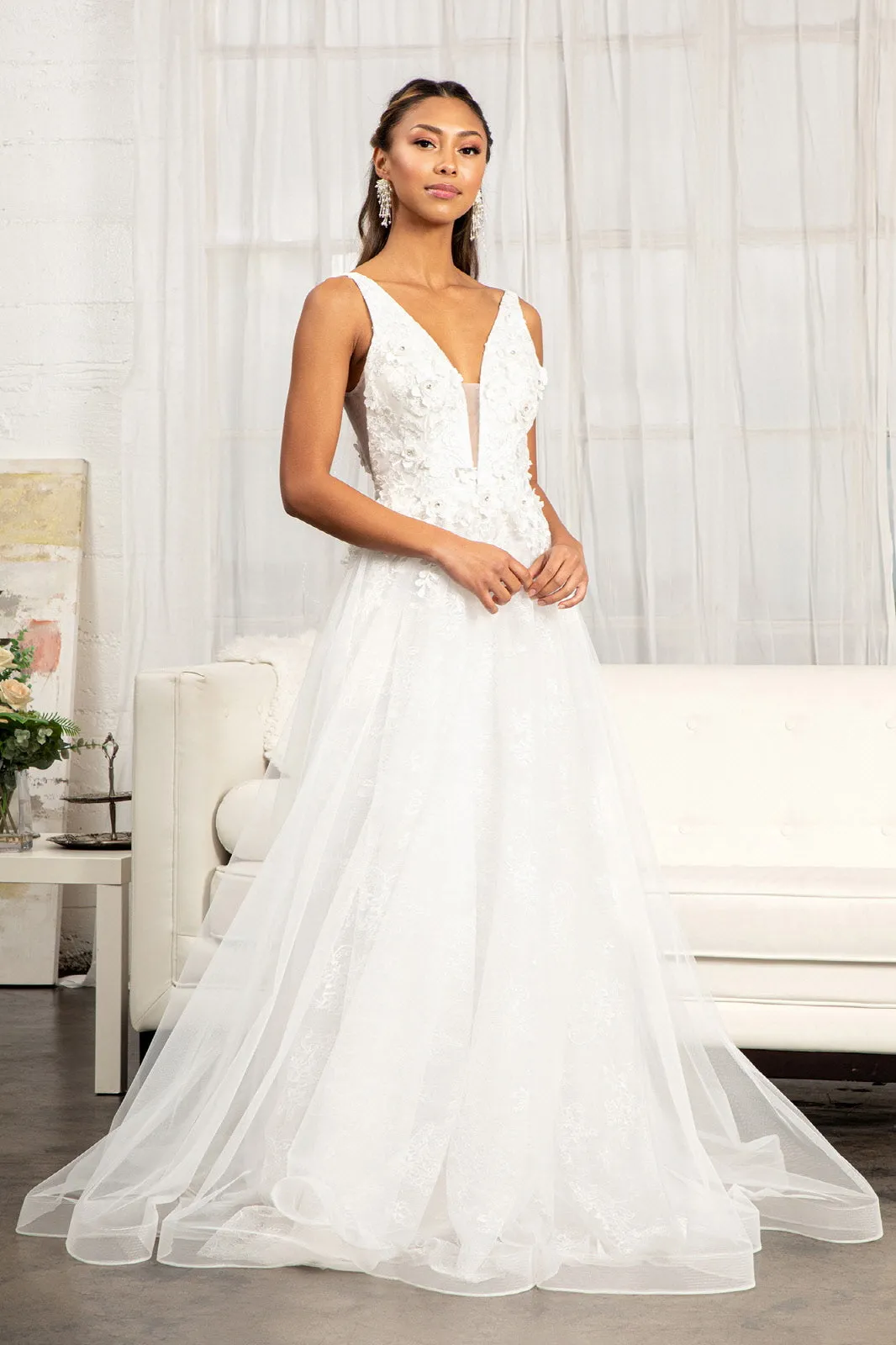 3-D Flower Embroidered Mesh A-line Dress Rhinestone and Jewel Embellished GLGL3012