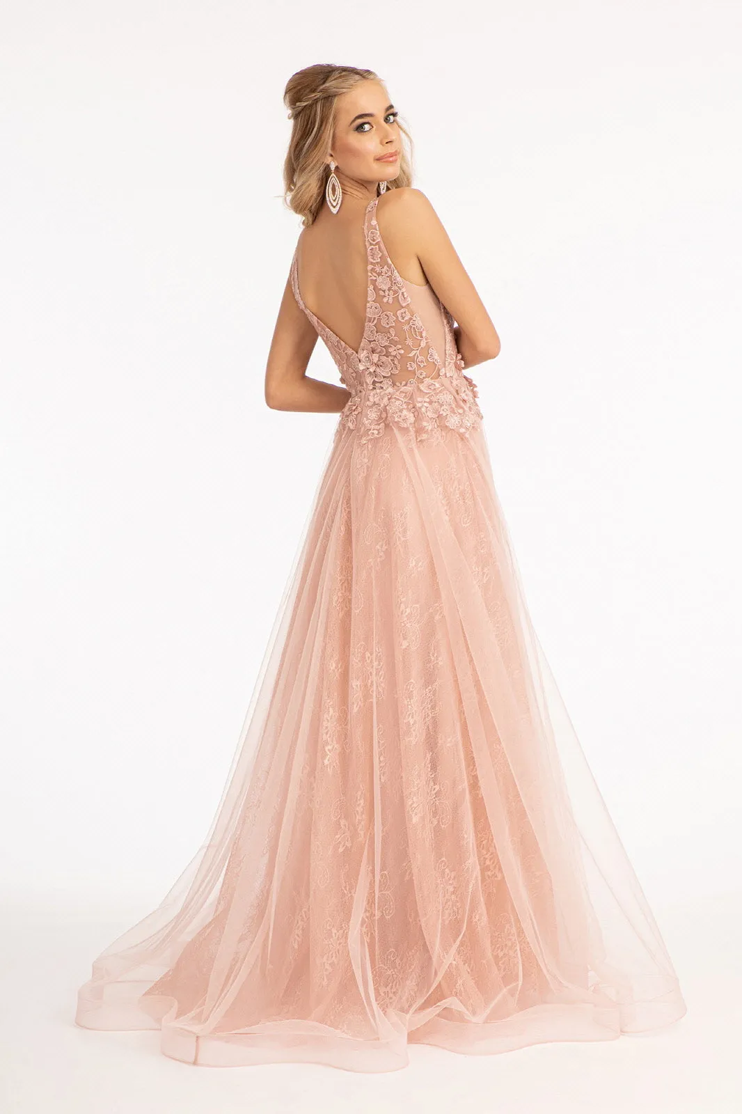 3-D Flower Embroidered Mesh A-line Dress Rhinestone and Jewel Embellished GLGL3012