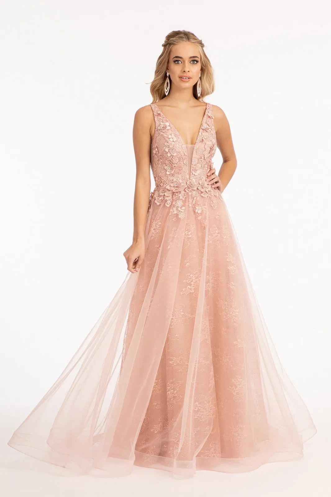 3-D Flower Embroidered Mesh A-line Dress Rhinestone and Jewel Embellished GLGL3012