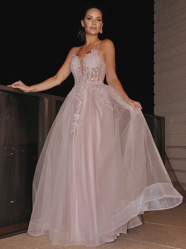 A-Line/Princess Applique Spaghetti Straps Sleeveless Tulle Floor-Length Dresses