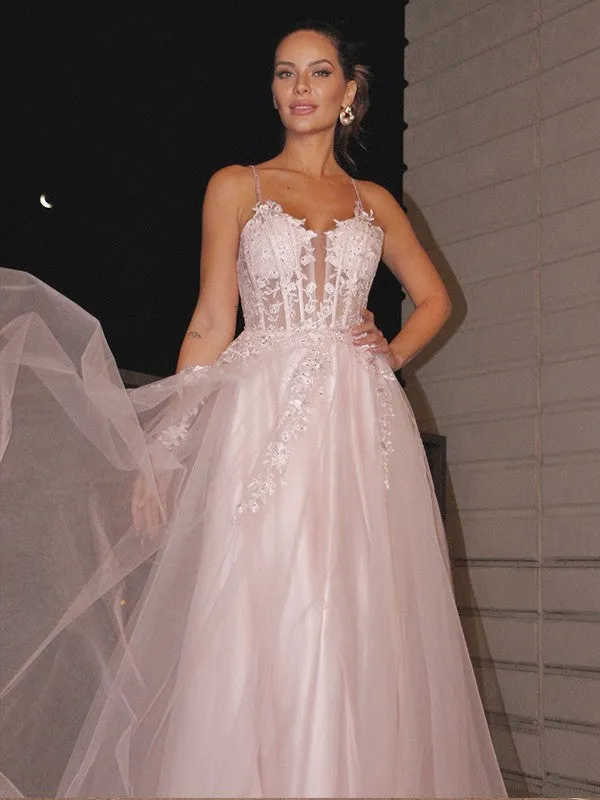 A-Line/Princess Applique Spaghetti Straps Sleeveless Tulle Floor-Length Dresses