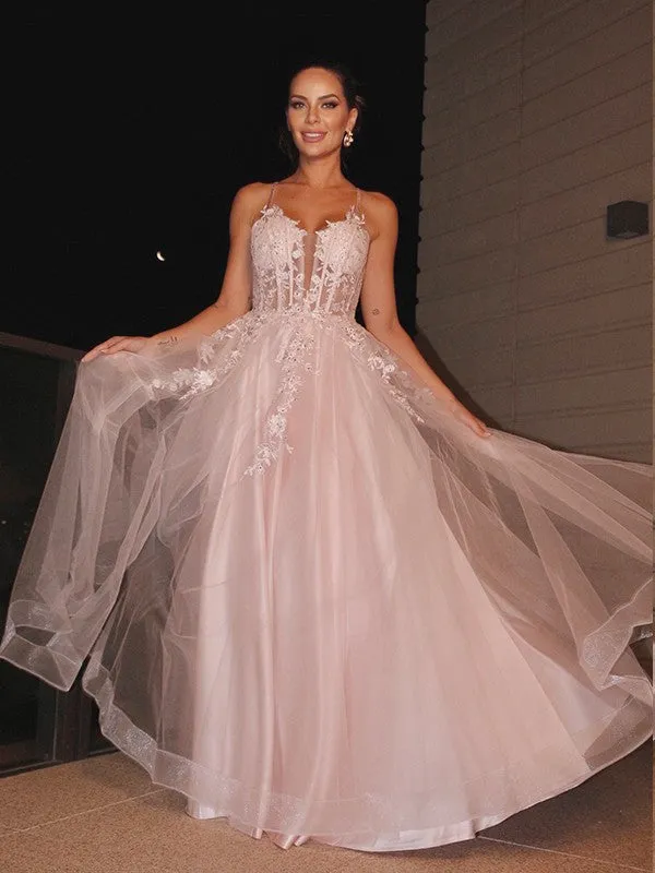 A-Line/Princess Applique Spaghetti Straps Sleeveless Tulle Floor-Length Dresses