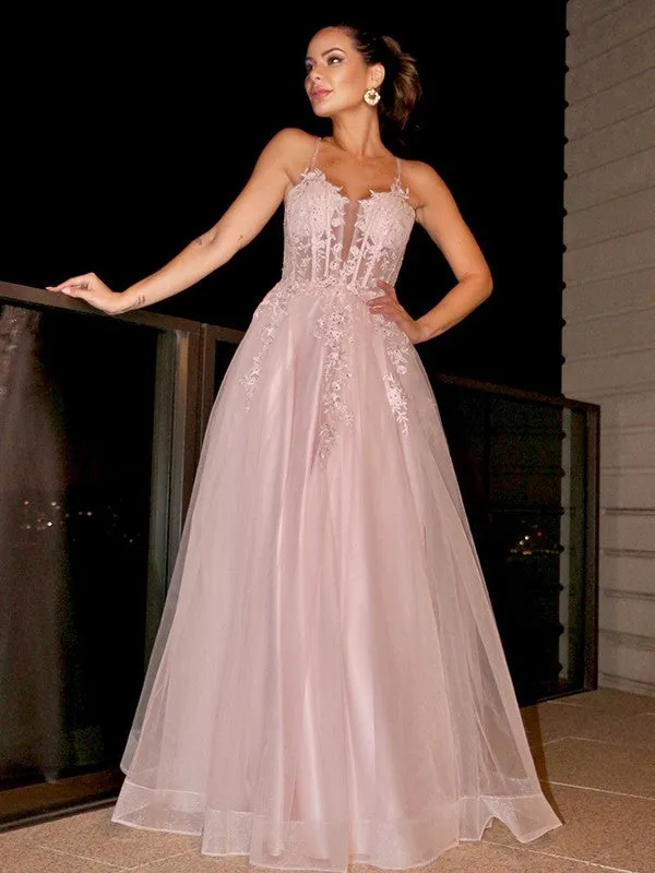 A-Line/Princess Applique Spaghetti Straps Sleeveless Tulle Floor-Length Dresses