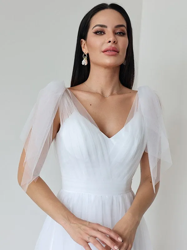 A-Line/Princess Tulle Ruffles V-neck Sleeveless Floor-Length Wedding Dresses