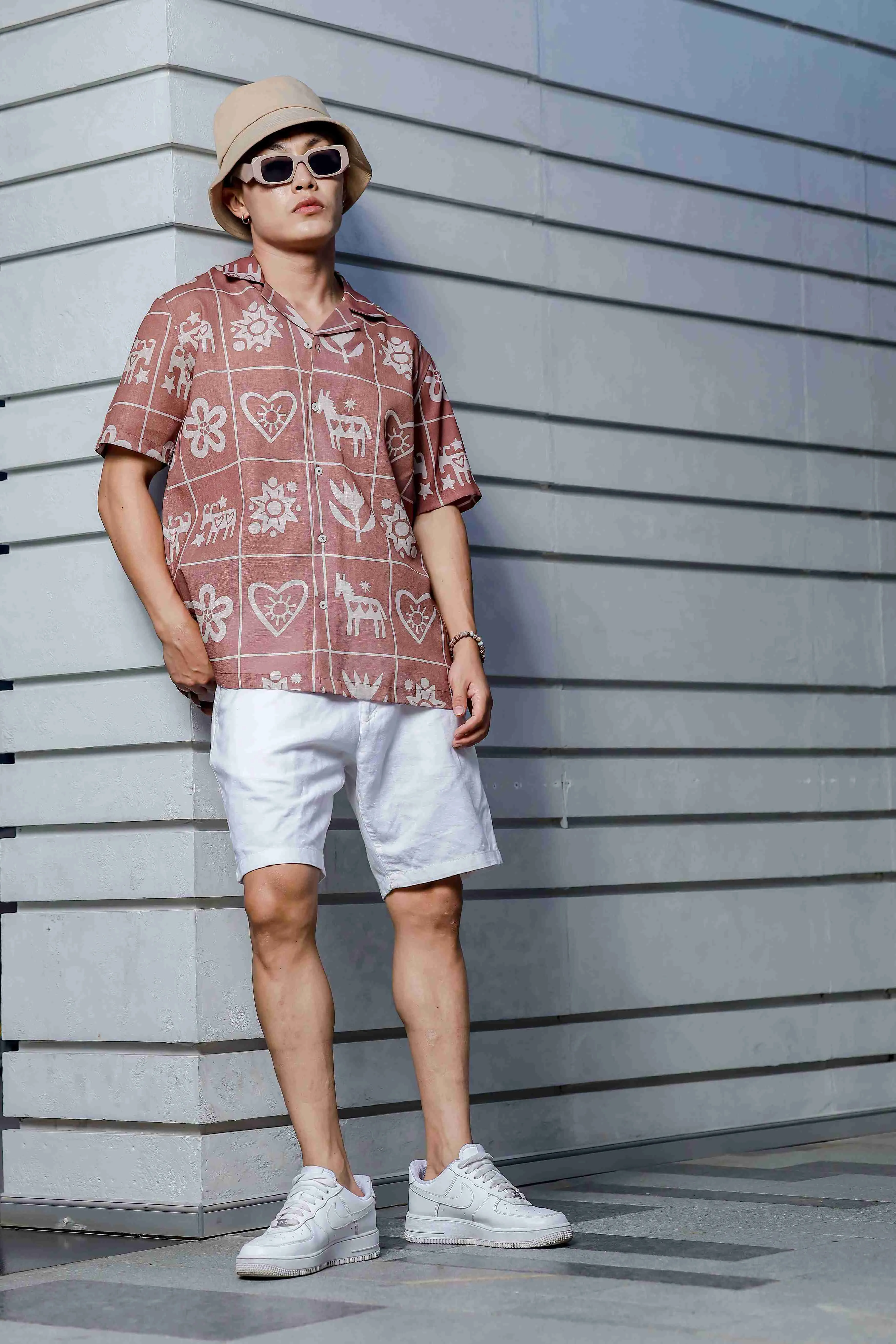 Abstract Tile Print Cuban Collar Oversized Resort Shirt