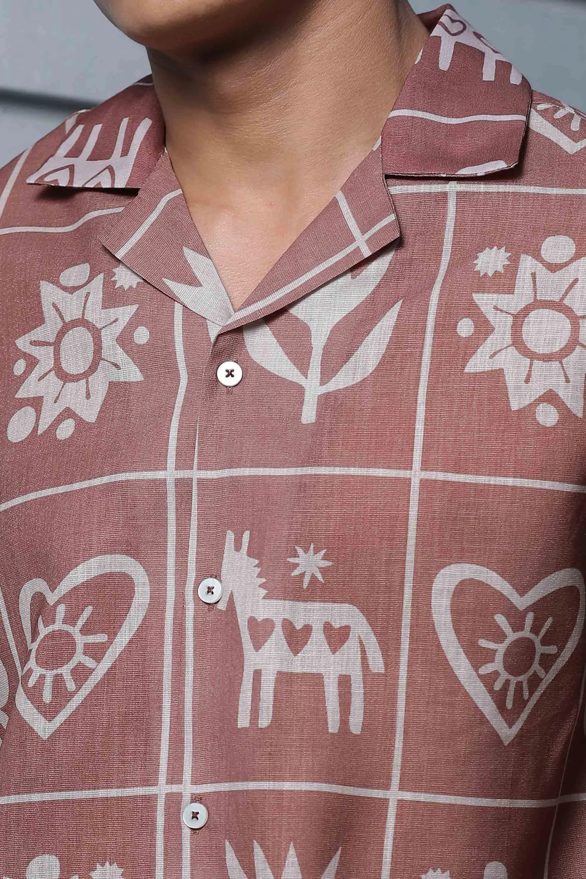 Abstract Tile Print Cuban Collar Oversized Resort Shirt