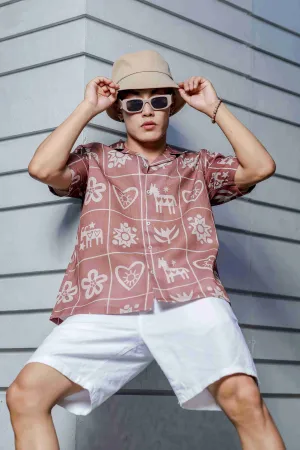 Abstract Tile Print Cuban Collar Oversized Resort Shirt