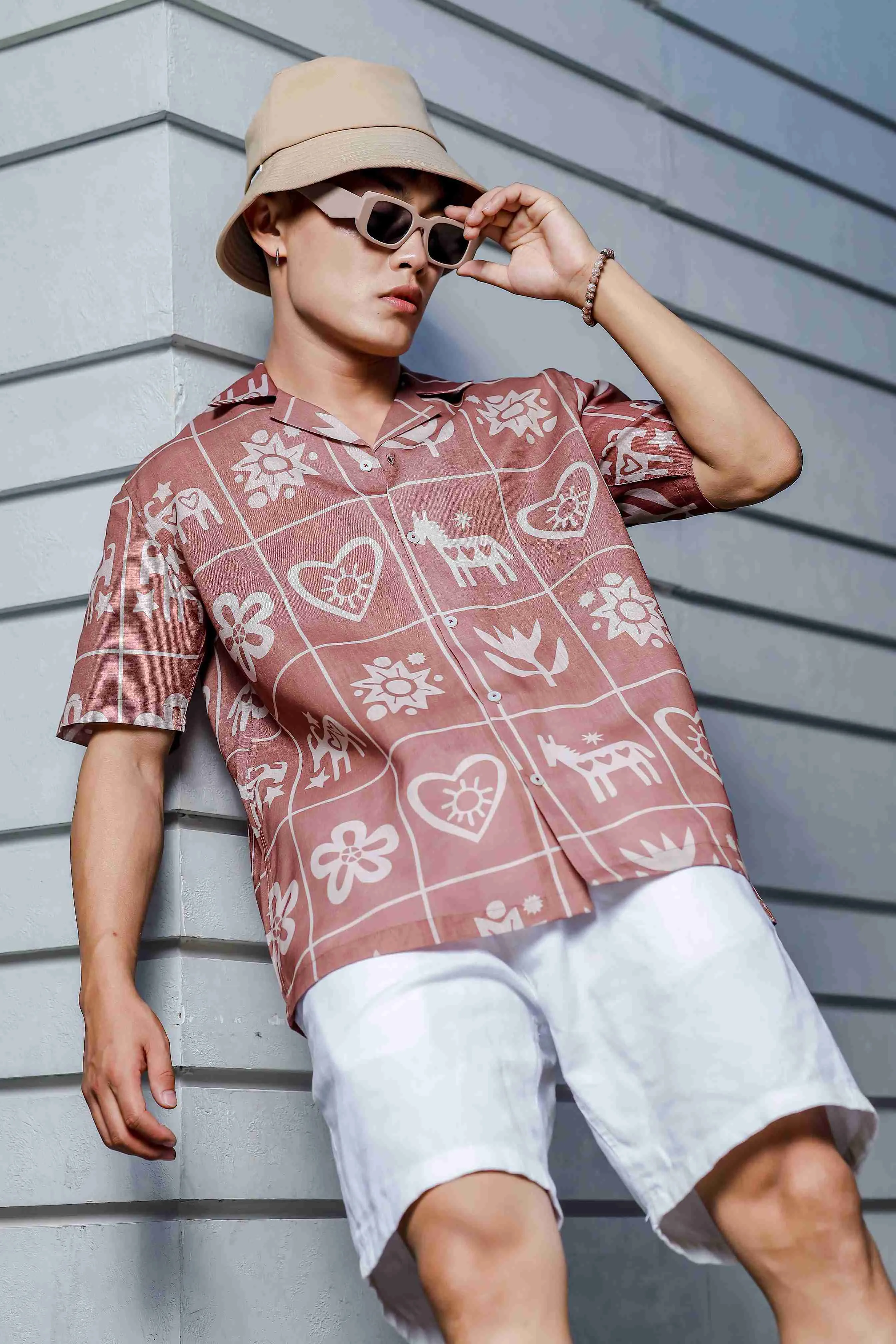 Abstract Tile Print Cuban Collar Oversized Resort Shirt