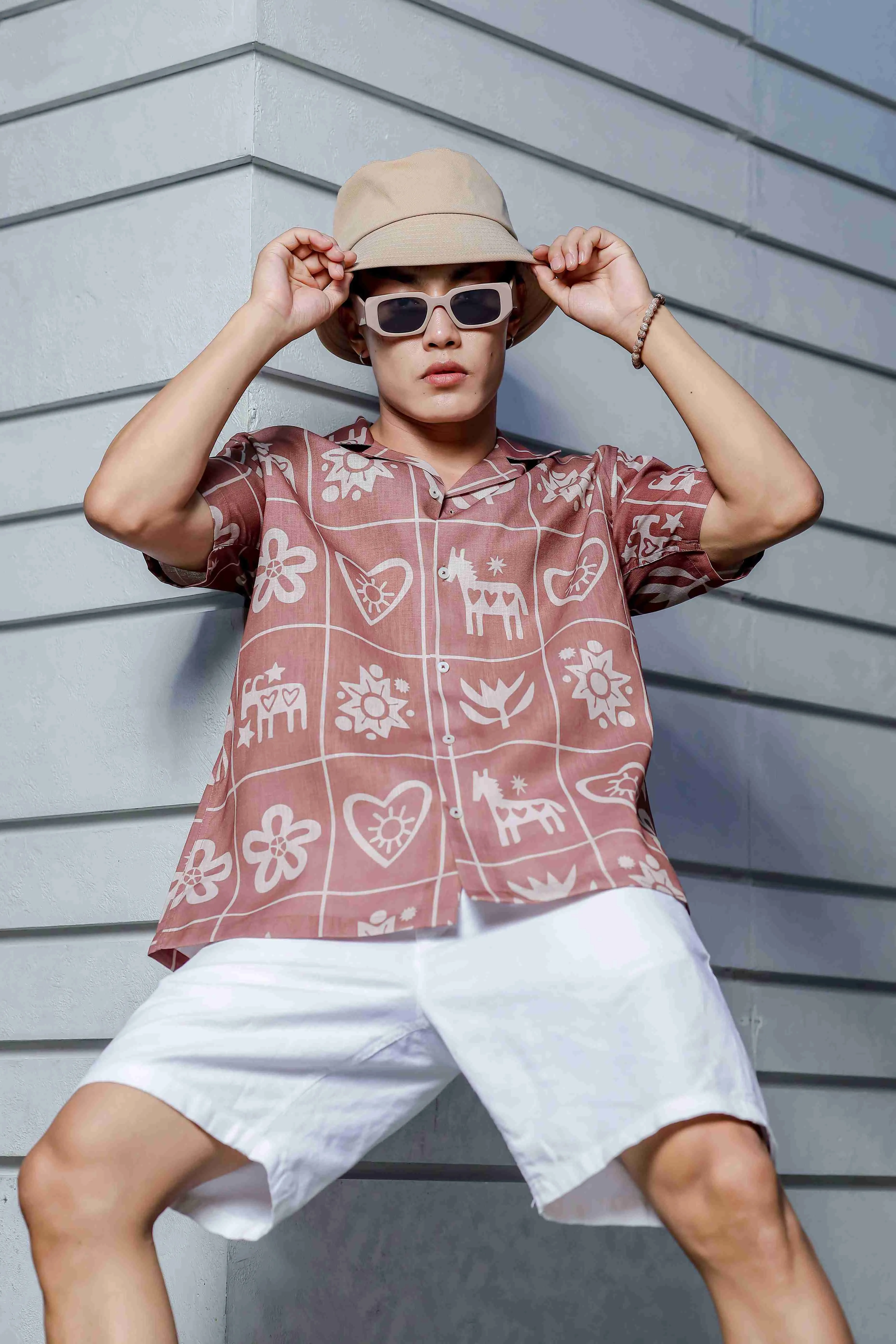 Abstract Tile Print Cuban Collar Oversized Resort Shirt
