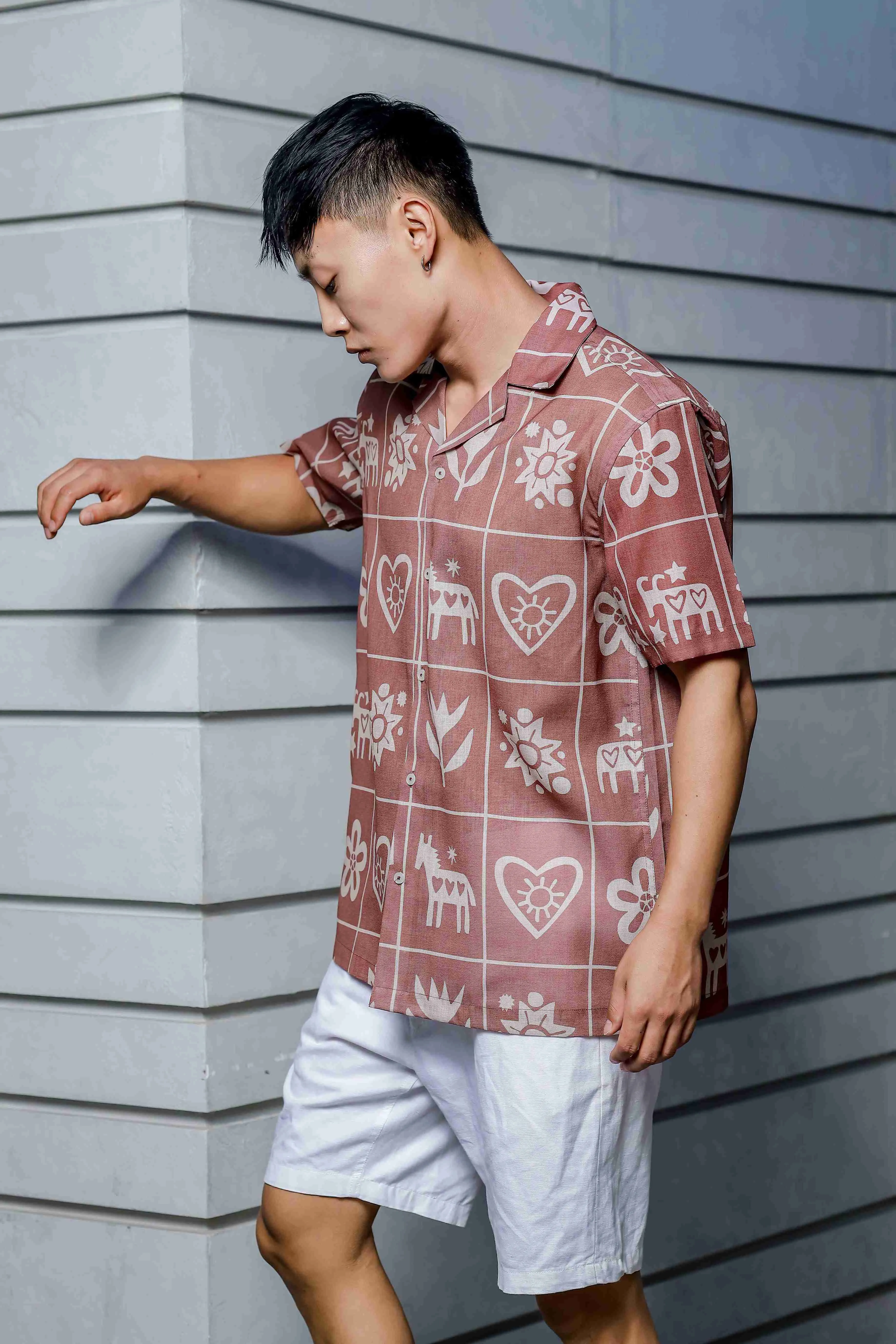 Abstract Tile Print Cuban Collar Oversized Resort Shirt