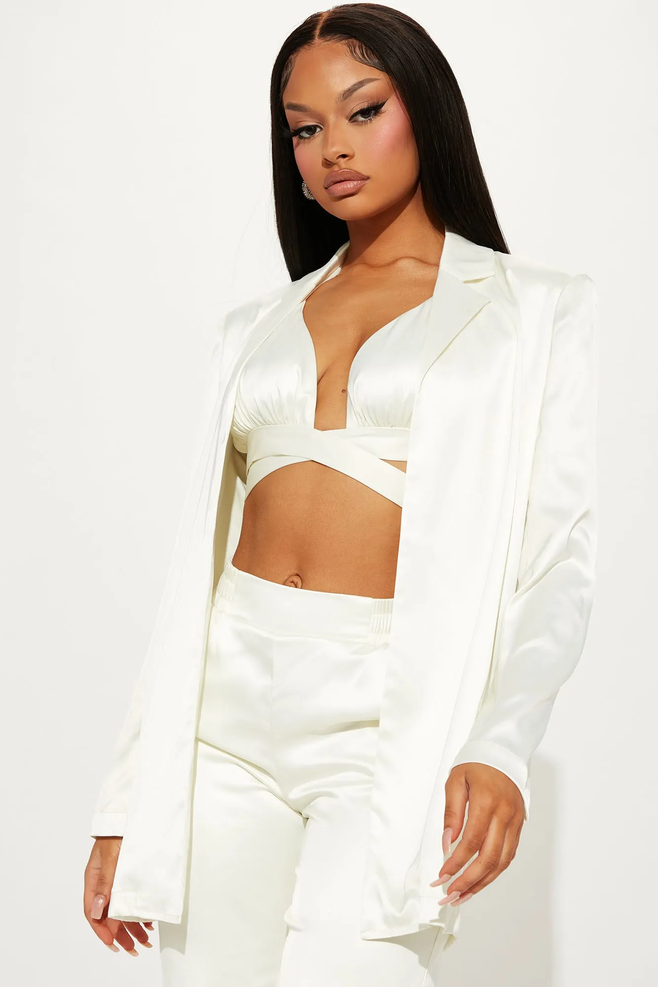 Adrianna 3 Piece Satin Blazer Pant Set - White