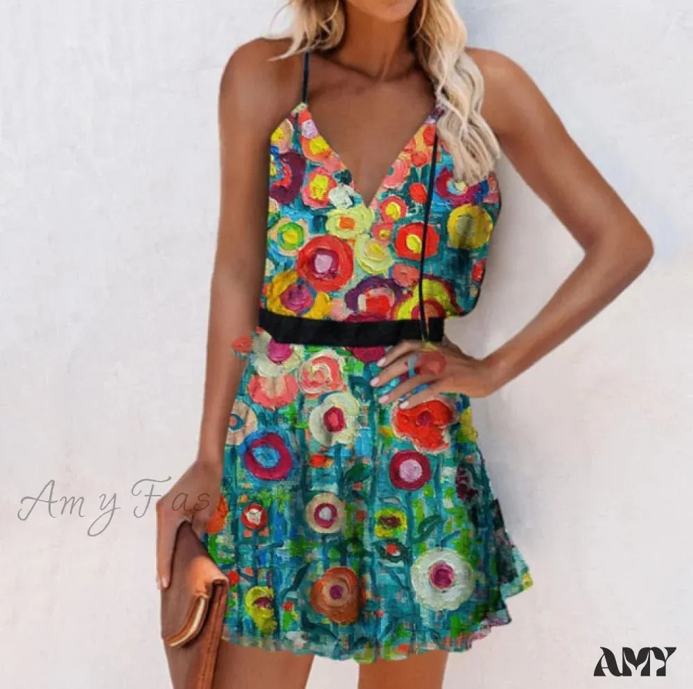 Amy Fashion - V-neck Printed Sleeveless Ruffled Plus Size Dresses