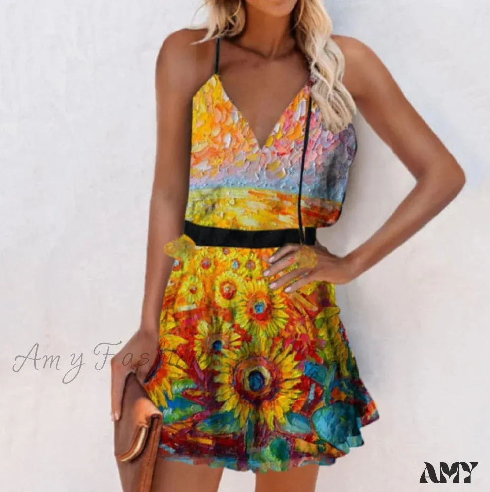 Amy Fashion - V-neck Printed Sleeveless Ruffled Plus Size Dresses
