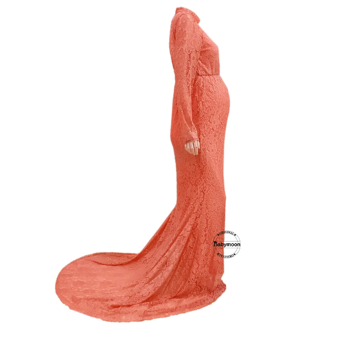 Babymoon High Neck Full Sleeve Maternity Gown Dress - Peach