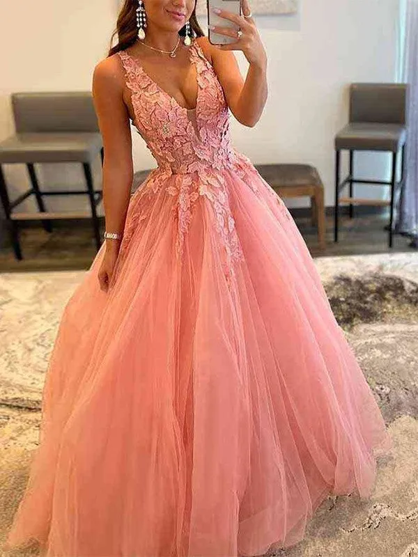 Ball Gown Tulle Applique V-neck Sleeveless Sweep/Brush Train Dresses