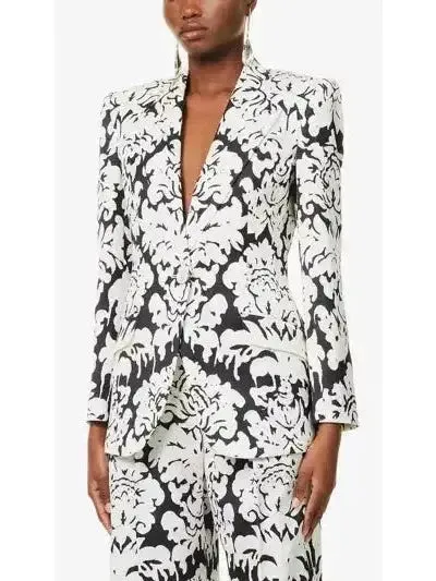 Black and White Floral-Print Single-Breasted Woven Blazer and Pant Suit