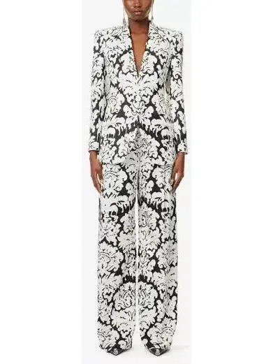 Black and White Floral-Print Single-Breasted Woven Blazer and Pant Suit