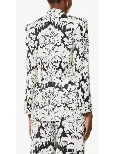 Black and White Floral-Print Single-Breasted Woven Blazer and Pant Suit
