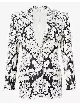 Black and White Floral-Print Single-Breasted Woven Blazer and Pant Suit