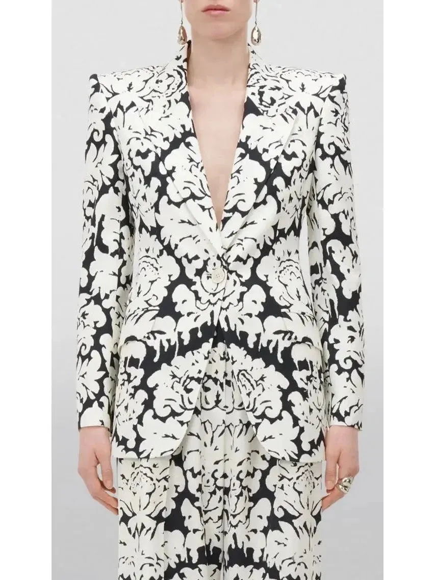 Black and White Floral-Print Single-Breasted Woven Blazer and Pant Suit