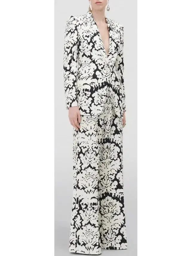Black and White Floral-Print Single-Breasted Woven Blazer and Pant Suit