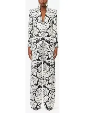 Black and White Floral-Print Single-Breasted Woven Blazer and Pant Suit