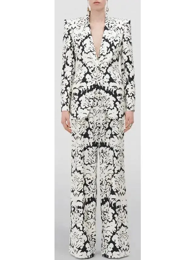 Black and White Floral-Print Single-Breasted Woven Blazer and Pant Suit