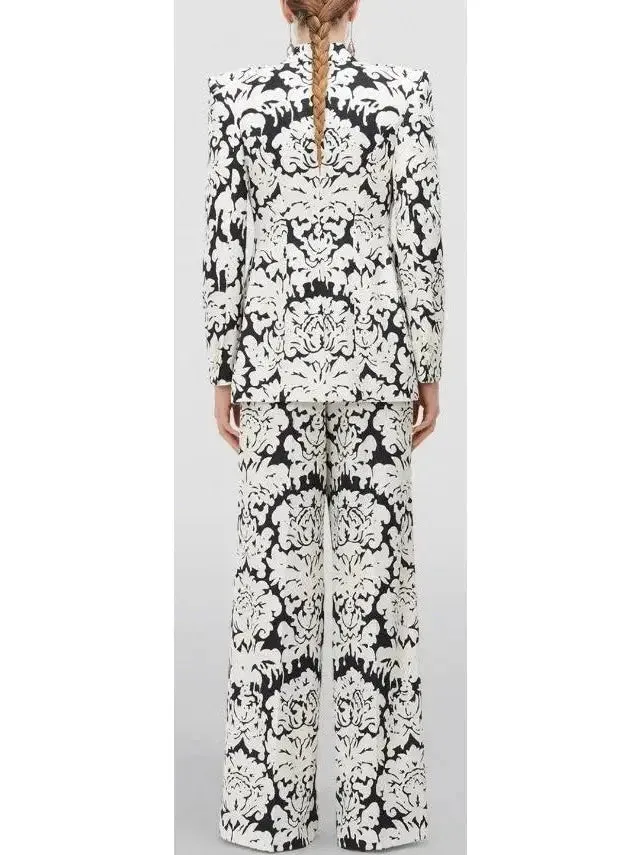 Black and White Floral-Print Single-Breasted Woven Blazer and Pant Suit