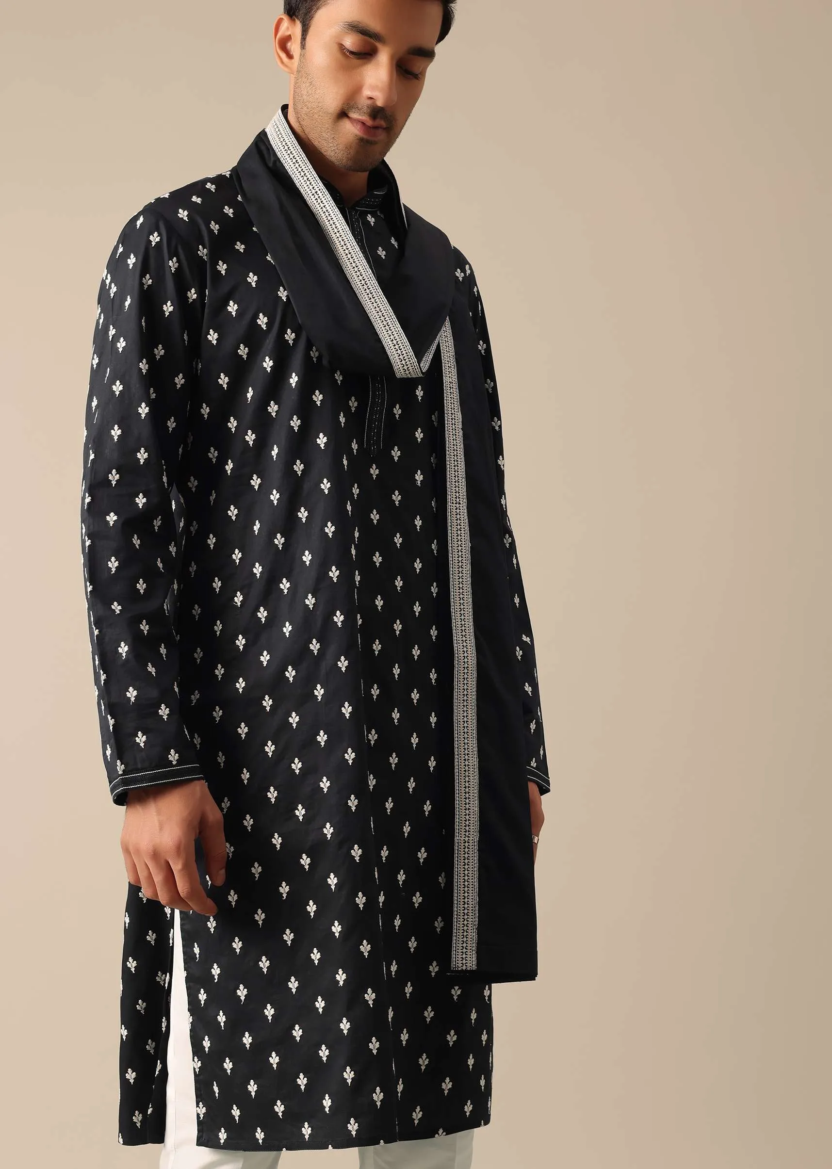 Black Silk Kurta Set With Thread Work And Dupatta