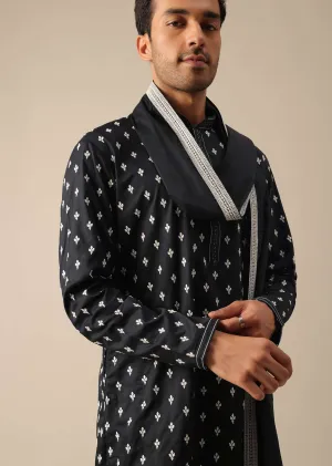 Black Silk Kurta Set With Thread Work And Dupatta