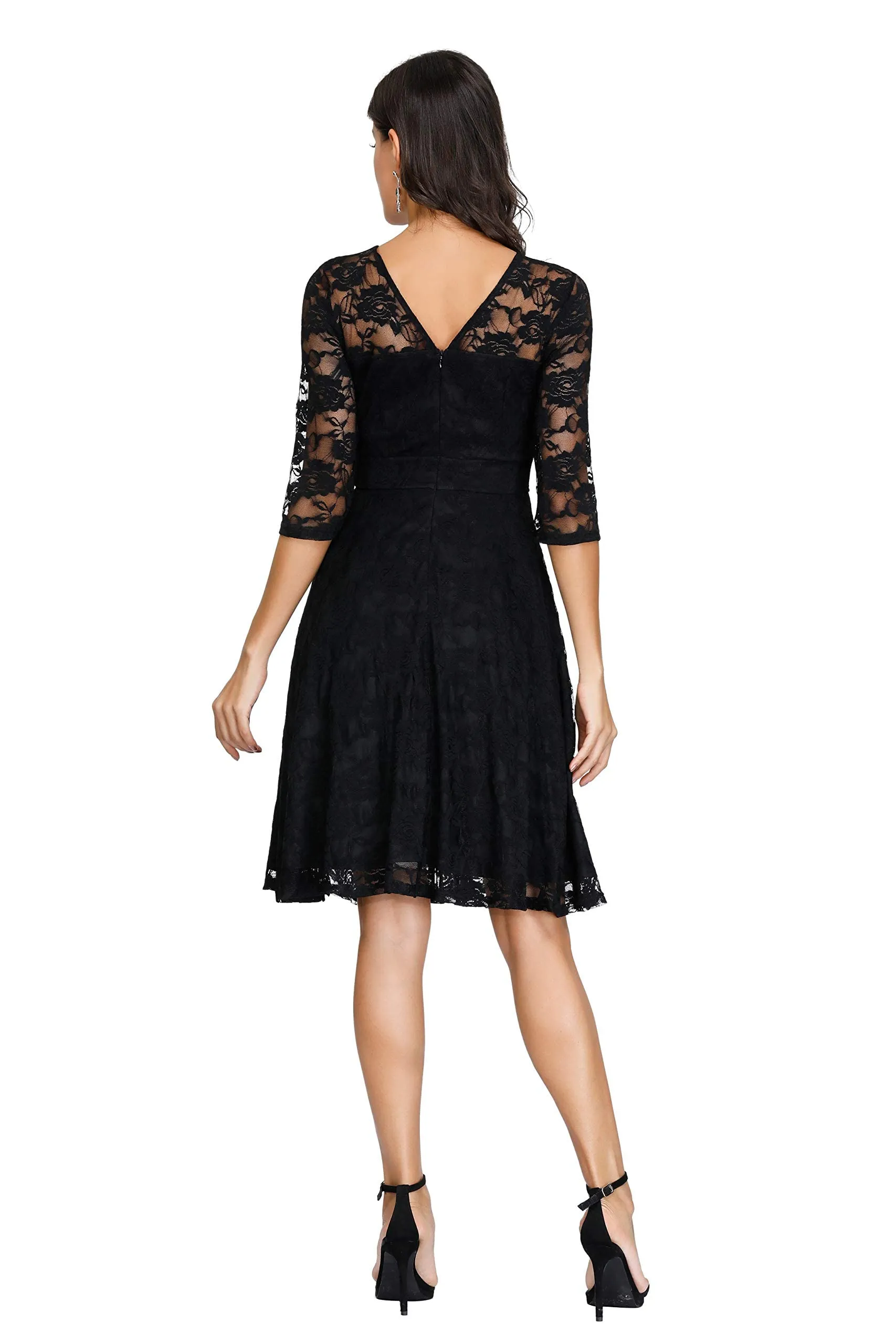 Black Sleeveless Ladies Vintage Floral Cocktail Party Wedding Guest A Line Lace Dresses - JASAMBAC