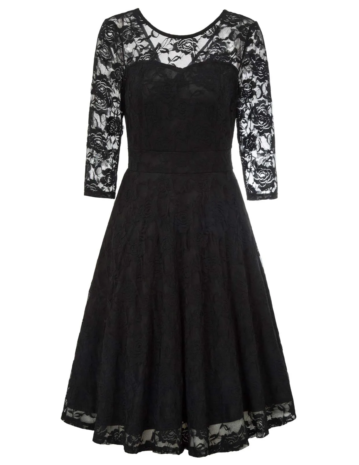 Black Sleeveless Ladies Vintage Floral Cocktail Party Wedding Guest A Line Lace Dresses - JASAMBAC