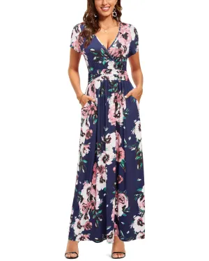 Blue Pink Floral Ladies Summer Casual V Neck Short Long Sleeve Floral Pattern Wrap Ladies Maxi Long Dress with Pockets - OUGES