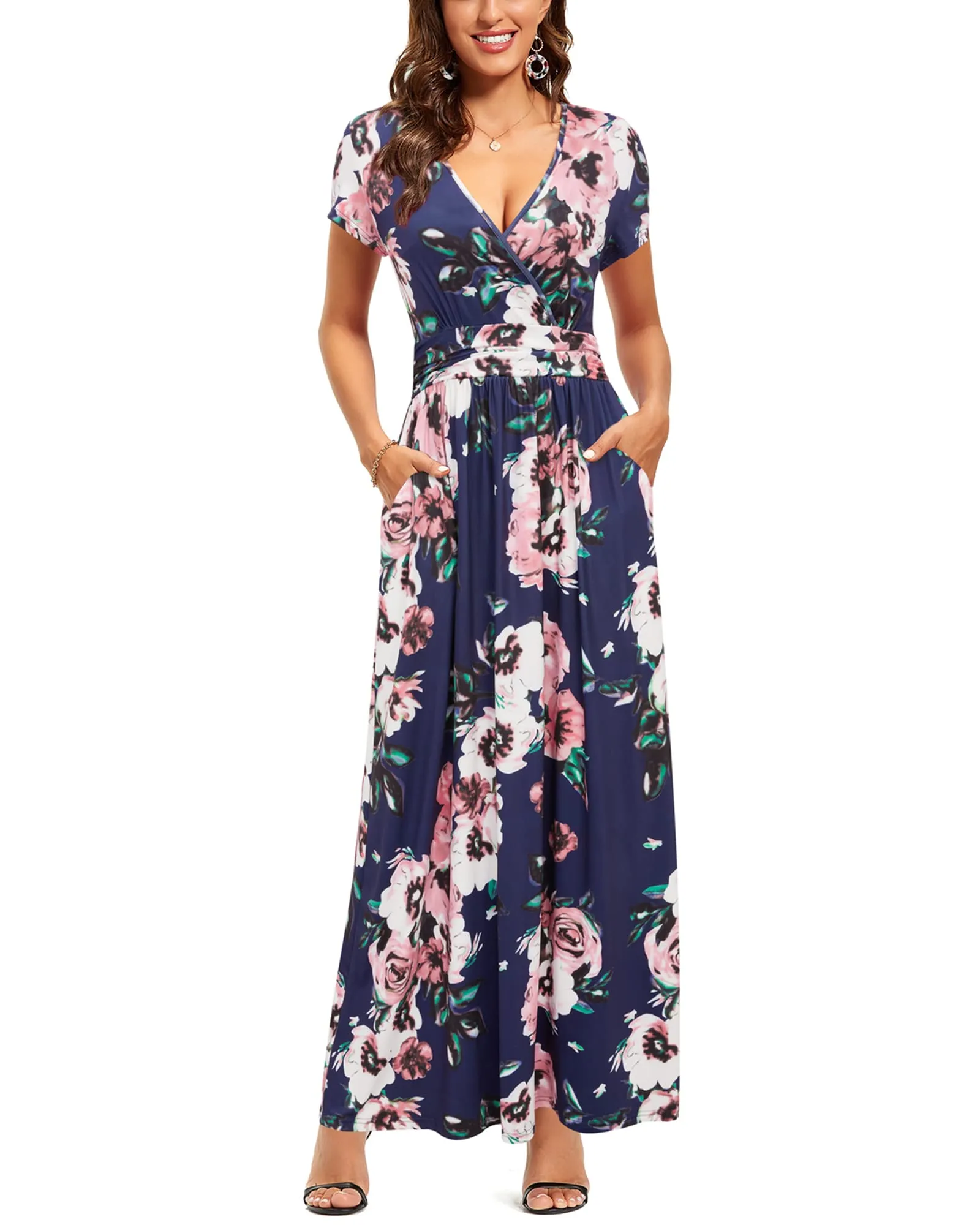 Blue Pink Floral Ladies Summer Casual V Neck Short Long Sleeve Floral Pattern Wrap Ladies Maxi Long Dress with Pockets - OUGES