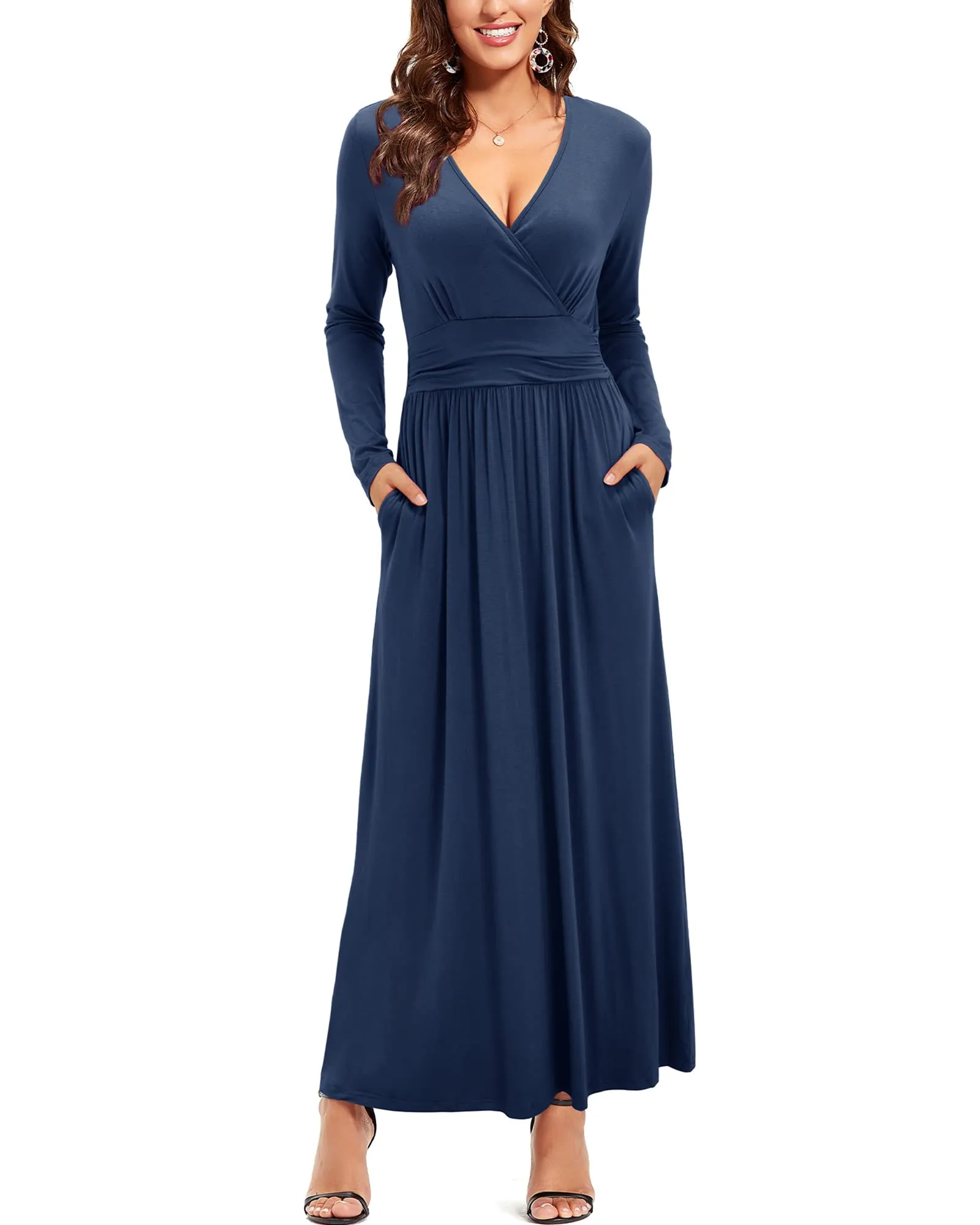 Blue Pink Floral Ladies Summer Casual V Neck Short Long Sleeve Floral Pattern Wrap Ladies Maxi Long Dress with Pockets - OUGES