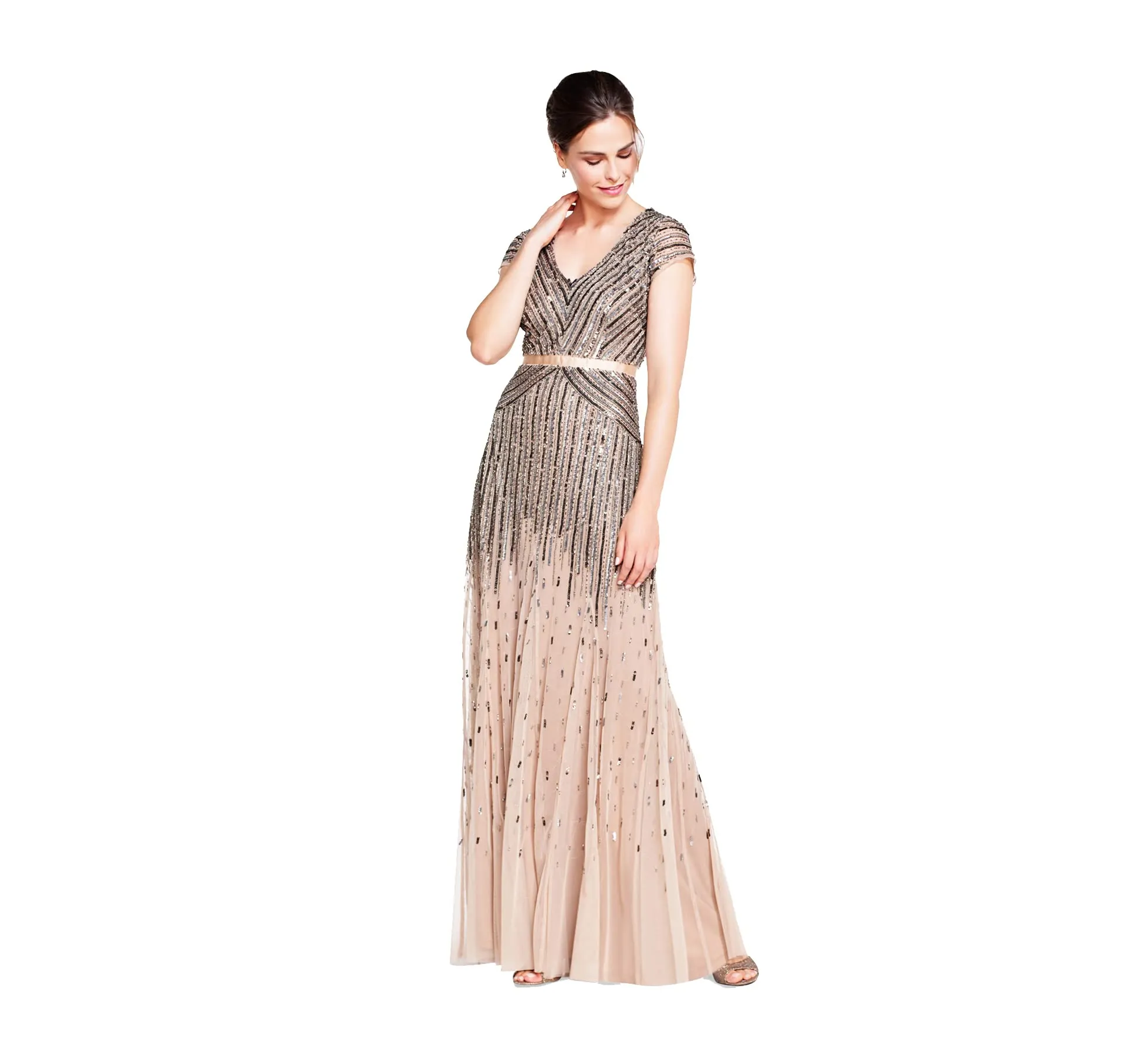 Blush Women's Long Beaded V-Neck Dress with Cap Sleeves and Waistband - Adrianna Papell