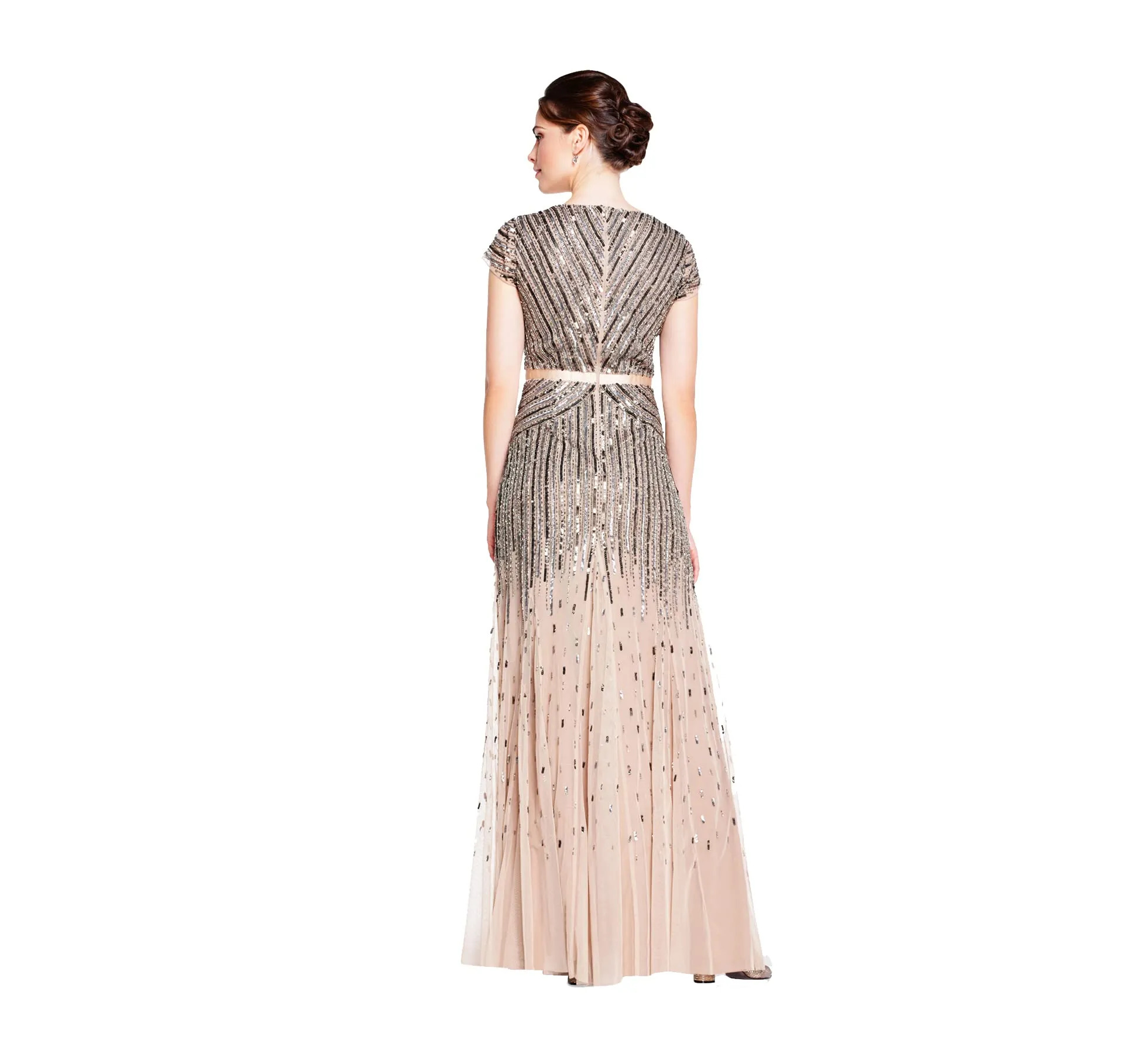 Blush Women's Long Beaded V-Neck Dress with Cap Sleeves and Waistband - Adrianna Papell