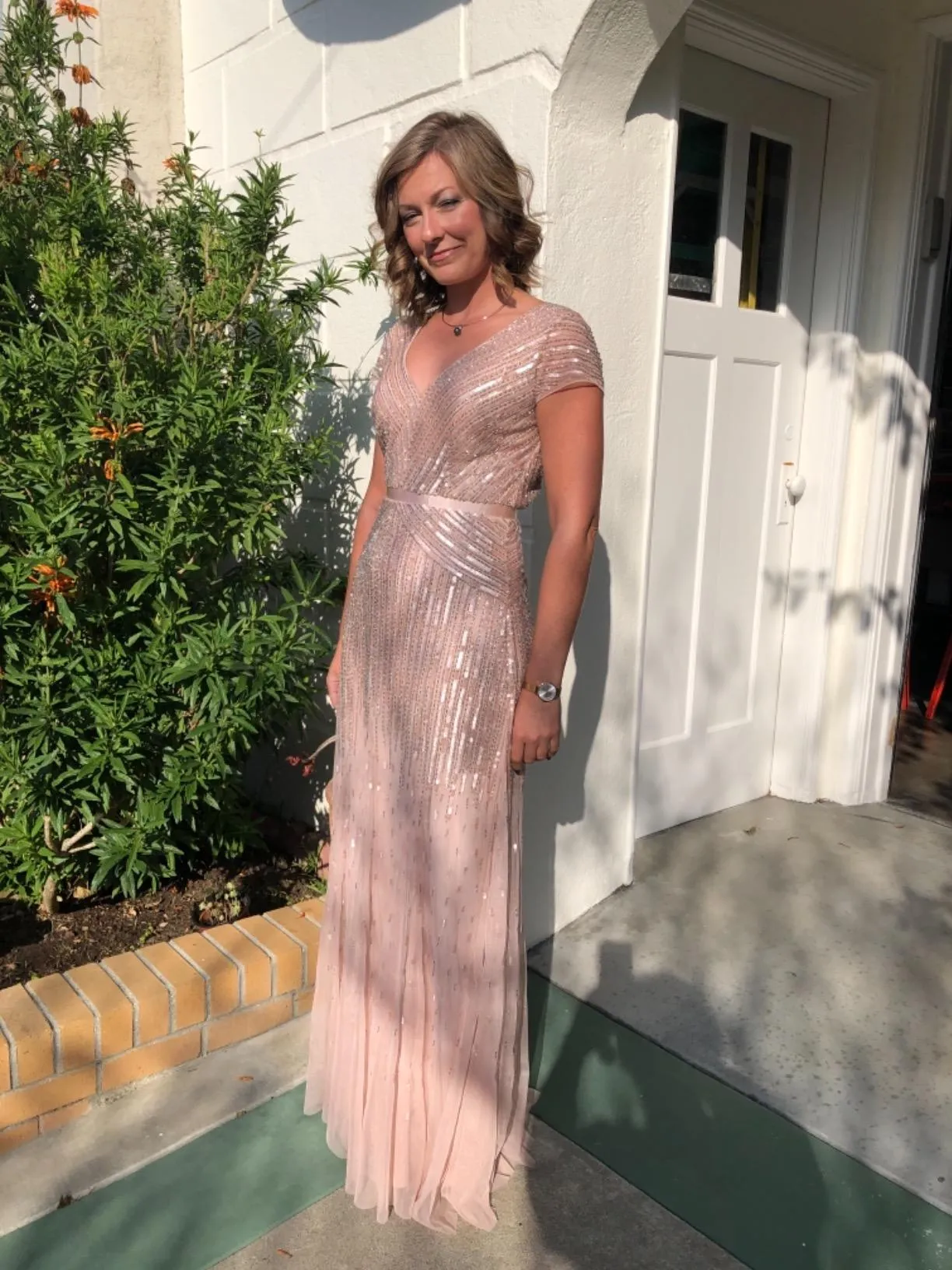 Blush Women's Long Beaded V-Neck Dress with Cap Sleeves and Waistband - Adrianna Papell