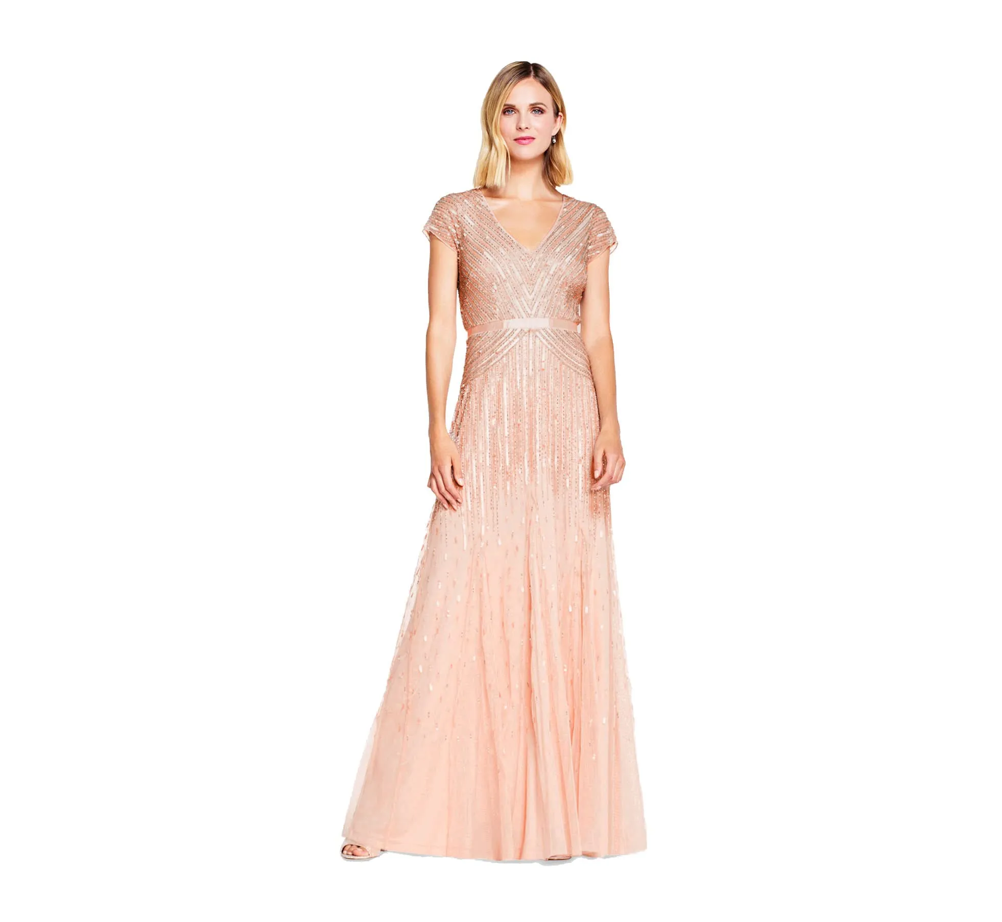 Blush Women's Long Beaded V-Neck Dress with Cap Sleeves and Waistband - Adrianna Papell