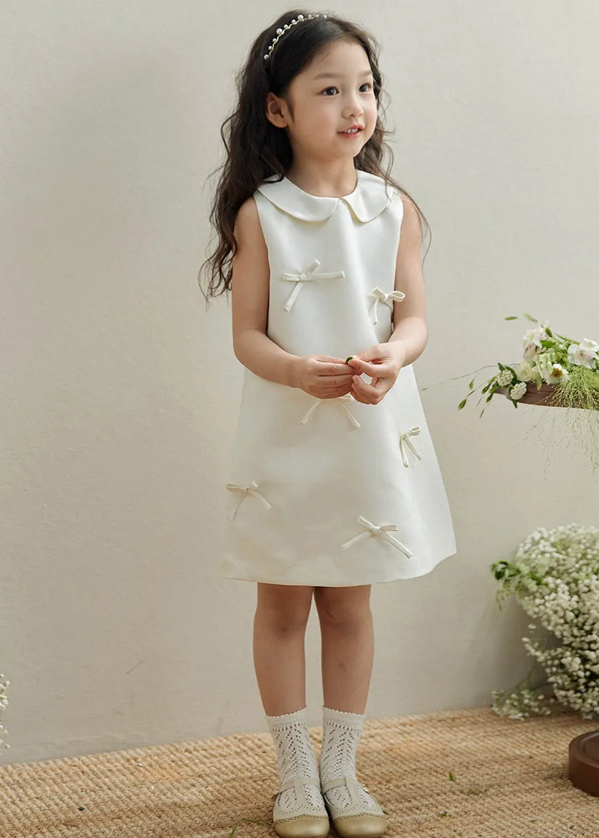 Brief White Peter Pan Collar Bow Kids Long Dresses Sleeveless QV003