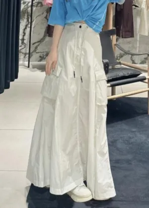 Brief White Pockets Patchwork Elastic Waist Tie Waist Maxi Skirts Summer TR002