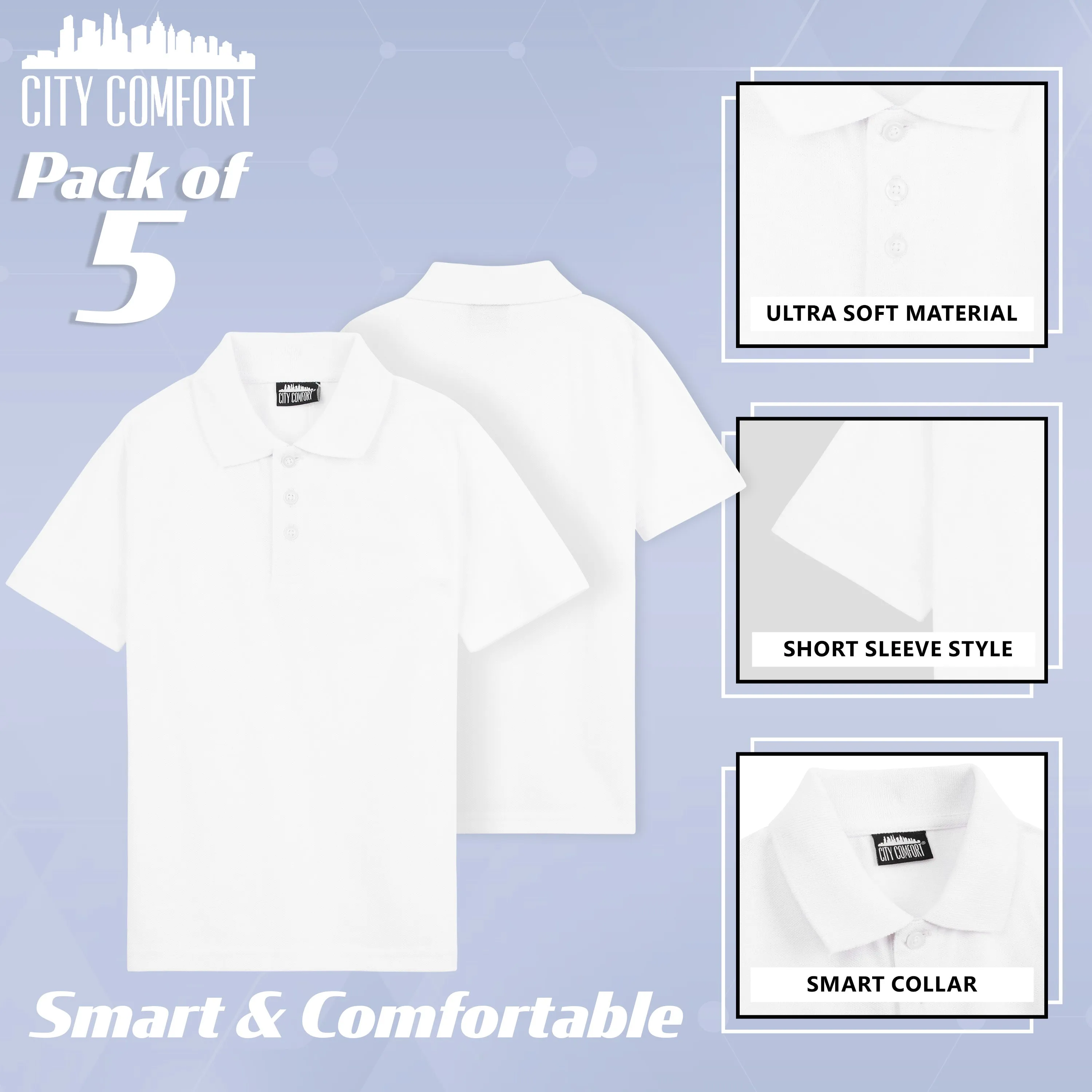 CityComfort White Polo Shirt Boys and Girls, Plain Short Sleeve T Shirt - 5 Pack