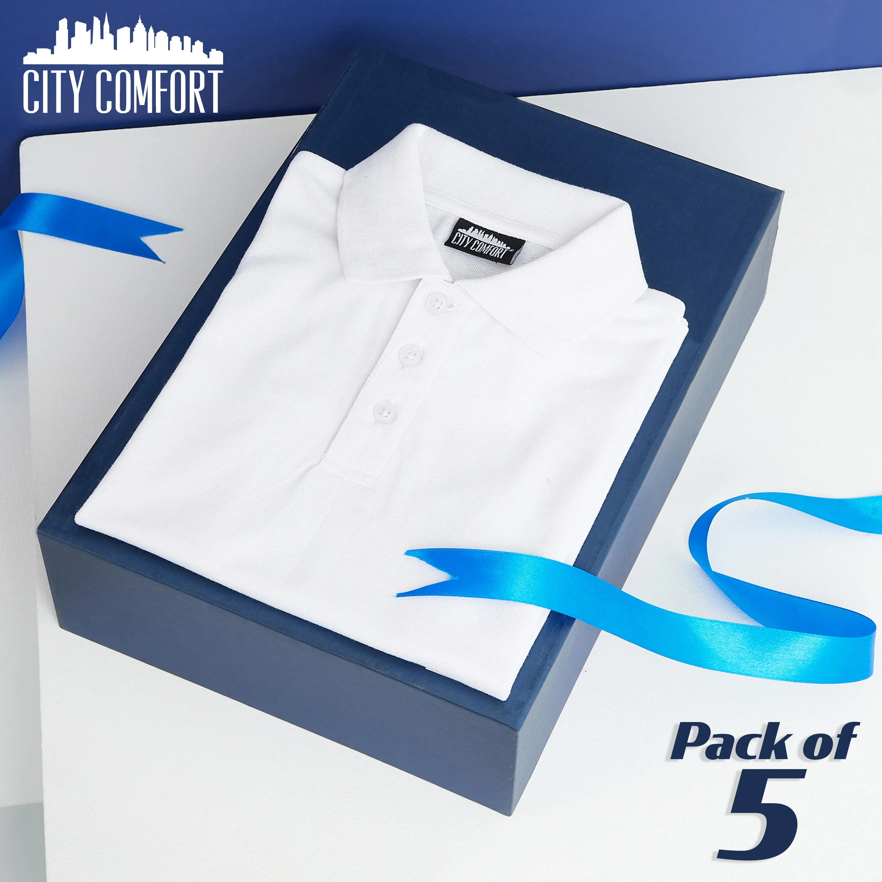 CityComfort White Polo Shirt Boys and Girls, Plain Short Sleeve T Shirt - 5 Pack